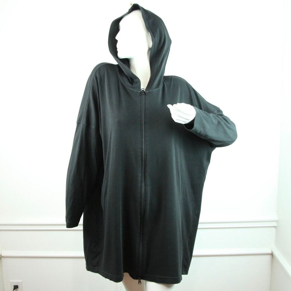 ESKANDAR Hoodie Black 100% Pima Cotton Full Zip Long Sleeve Patch Pockets O/S